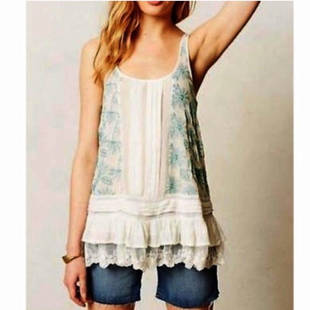 Anthropologie Lilka Sinaloa Green Floral Lace Tank Top
